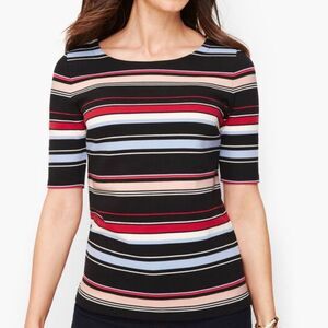 Talbots Top Black Striped 3/4 Length Sleeve Blouse Cotton Shirt Size XS
